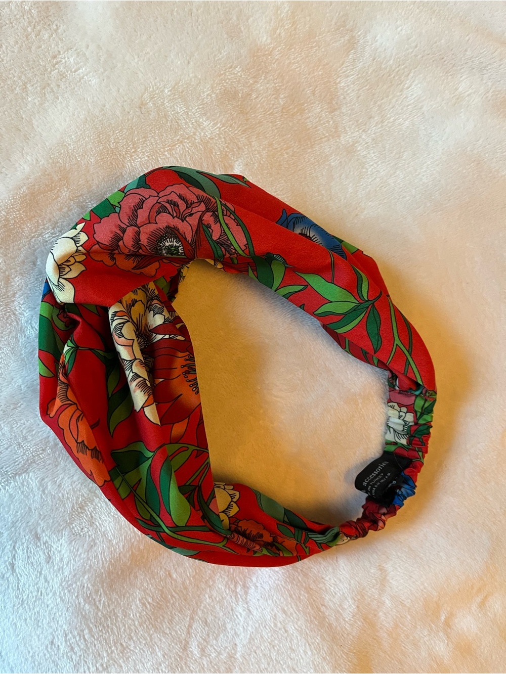 Zara Red Floral Twist Headband with Green Leaf Print